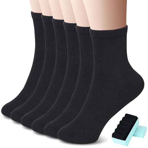 Image of SISOSOCK Quarter Crew Cotton Socks for Women Striped Athletic Casual Breathable Socks 6 Pairs with Gifts Box