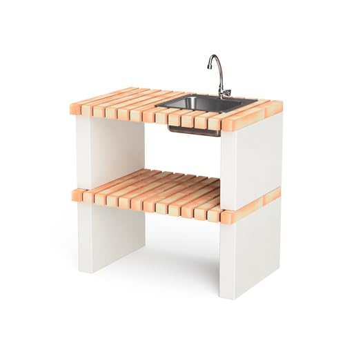 MOVELAR   Caballete lateral Nazca con lavabo y grifo para Barbacoa de Obra Prefabricada (Blanco, naranja   86,5 x 58 x 58 cm)   Uso en Exteriores