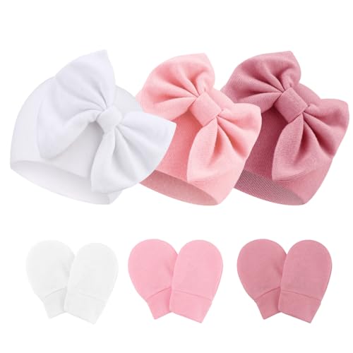 Image of AQOKKA Newborn Baby Hats and Mittens Set Infant Bow Beanie Cap Toddler Gloves Newborn Hospital Hats for Baby Boy Girl Kid 0-6 Months