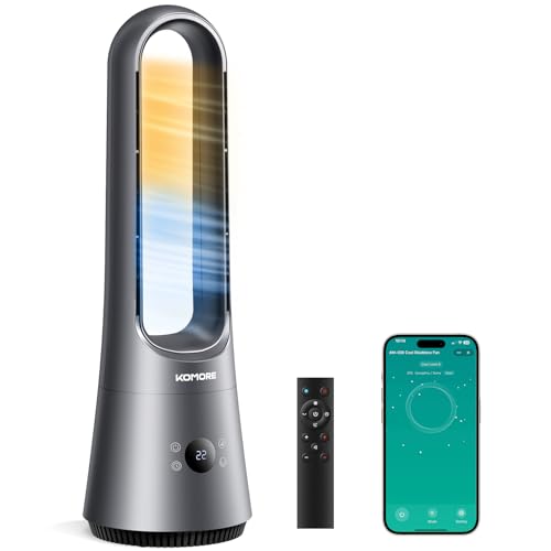 KOMORE 2 in1 Bladeless Fan and Heater 8 Speeds 9H Timer Tower Fan for Bedroom Silent DC Motor 90Oscillating Floor Fan with Remote/APP Safe Design Cooling Fans for Home Office Grey