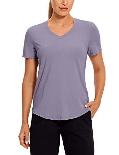 Crz Yoga Womens Pima Cotton Short Sleeve Shirts V Neck T-Shirts Casual Workout Tops Gym Clothes Lavender Gray X-Large #TOP24