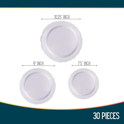 Vintage Collection White Plastic Plated Combo Set - 10.25", 9", 7.5" (10 Each Set) - Ideal for Weddings, Anniversaries, Birthdays & Special Celebrations by Silver Spoons - Image 4