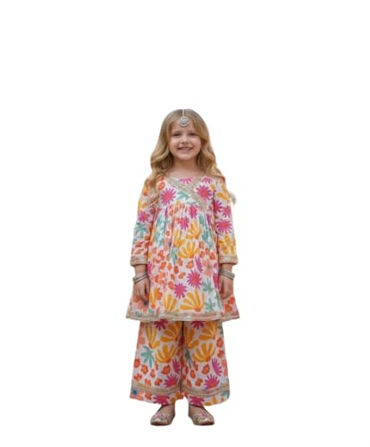 Image of A.T.U.N. (ALL THINGS UBER NICE) Girls Premium Cotton Kurti Sharara Combo Set | Vibrant Ethnic Traditional Print | Comfortable Festive Cultural Outfit for Kids