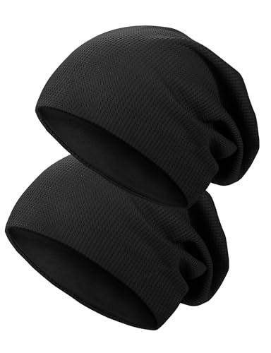 Kiiwah 2 Stücke Dünne Beanie Mütze für Herren und Damen, Unisex Slouch Beanie, Elastisch Strickmützen Longbeanie Weic Beanie Hüte(Schwarz)
