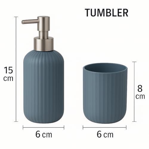 Image of LAGET Bathroom Accessories Set for Utility and Toothbrush Holder Bathroom Decor | Handwash Liquid Soap Dispenser Pump for Bathroom, Kitchen, Wash Basin, Sink Ribbed Design (Metallic Blue)