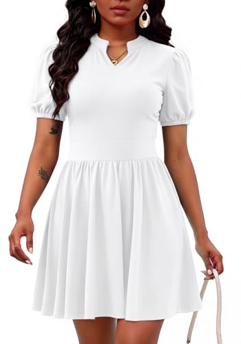 Image of Women's V Neck Summer Dress Puff Short Sleeve Flowy Stretchy Flowy Comfort Fit for Daily Wear Work Midi Casual Dresses