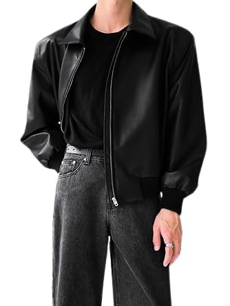 Men's Black Faux Leather Bomber Jacket With Front Zip Closure For Casual Or Semi Formal Look