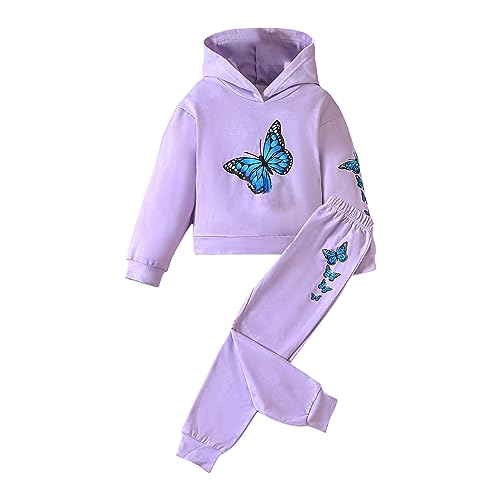Girls Tracksuit Butterfly Print Crop Hooded Sweatshirts Jogger Sweatpants Clothing Sets Fall Winter Cotton Comfy Sweatsuit
