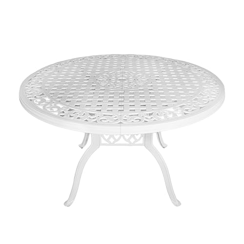 Image of 48 Inch Outdoor Dining Table Round Patio Bistro Table Powder-Coated Cast Aluminum Frame Patio Dining Table Garden Table with Umbrella Hole (White)