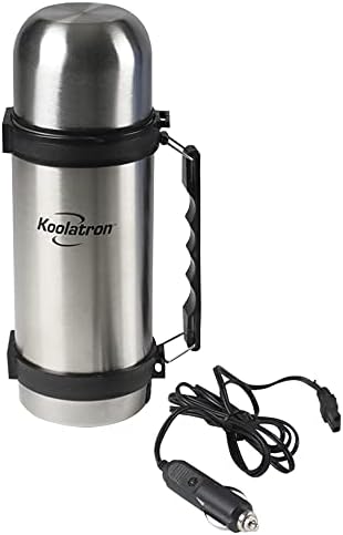 Koolatron 12V Insulated Vacuum Flask with Heater, 1L Silver and Black Stainless Steel, Push Button Dispenser, for Car, SUV, Truck, RV, Boat