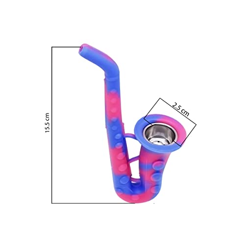 Image of Kookee Silicone Unbreakable Saxophone Smoking Pipe, Tobacco Pipes with Steel Bowl, Blue and Pink