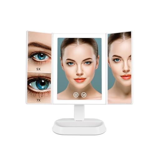 Auxmir Vanity Makeup Mirror with 60 Natural LED Lights, 1X/5X/7X Trifold Magnifying Mirror, Dual Power Dimmable Cosmetic Mirror with Touch Screen, 90° Brightness Adjustable Lighted Dressing Mirror