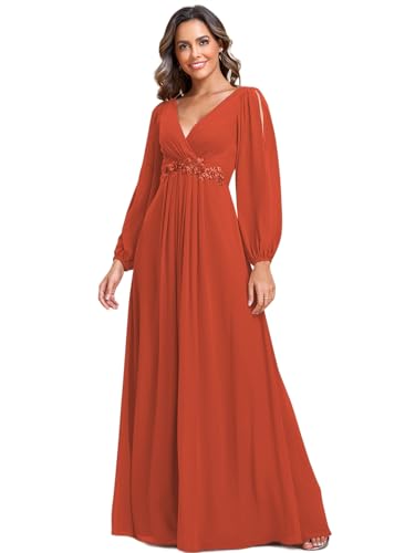 Ever-Pretty Women's V Neck Long Lantern Sleeves Floor Length Ruched Chiffon A-Line Formal Evening Dress Burnt Orange US14