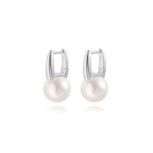 12mm Shell Pearl Drop Earrings, Simple Silver Plated Square Hoop Earrings, Dainty Wedding Jewelry for Bridal