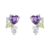 Ayoiow Pendientes de platino genuino para mujer, peridoto con corazón, oro real con amatista morada para novia, pendientes
