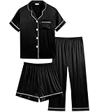 Picture of SWOMOG Womens Silk Satin Clothes Short Sleeve 3pc Pjs Button Down Set Black