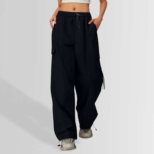 Jogging cargo fille taille haute cordon et coupe ample décontractée