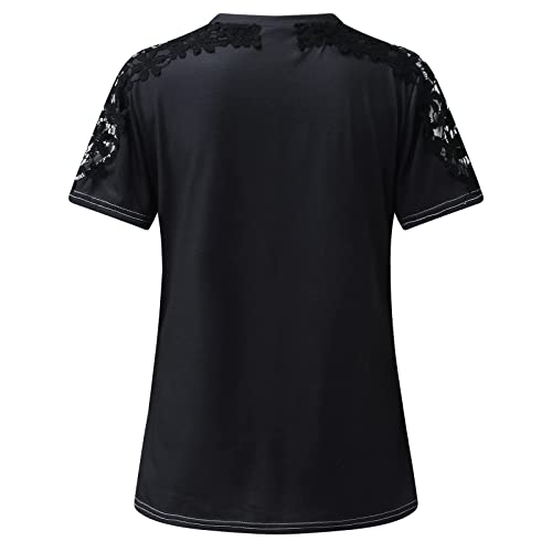 Womens Summer Casual Cold Shoulder T Shirts Elegant Lace Crochet Hollow Out Short Sleeve Tops Solid/Colorblock Loose Blouse #TOP4