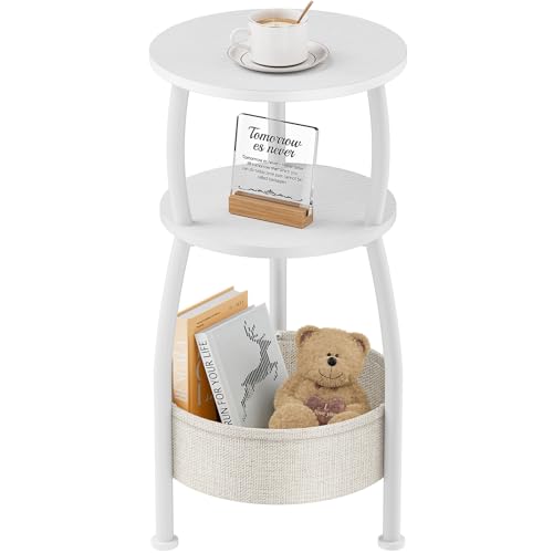 Yuede Beistelltisch rund, 3-Stufiger Runder Kleiner Tisch, Couchtisch Klein, Nachttisch, mit Stofftasche, Wohnzimmertisch, Korb aus Stoff, Sofatisch für Room Dekor, Holz, modern (Weiß) Yuede Beistelltisch rund, 3-Stufiger Runder Kleiner Tisch, Couchtisch Klein, Nachttisch, mit Stofftasche, Wohnzimmertisch, Korb aus Stoff, Sofatisch für Room Dekor, Holz, modern (Weiß)
