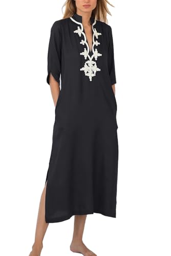 YOUKD été brodé floral long caftan bohème kimono plage maillot de bain couvrir robe maxi pour les femmes