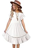 blibean Tween Girl Short Sleeve Dress Youth Kid Summer Beach Modest Dresses Solid 2024 Boho Outfit Casual Fashion Bohemian Clothes Knee Lenth Clothing Size 8-9 Year Old White