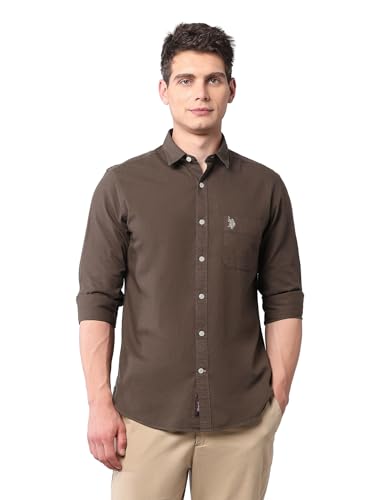 Image of U.S. Polo ASSN. Solid Slim Fit Shirts for Men - 100% Cotton, Full Sleeve Mens Casual Shirts