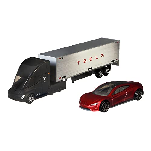 Matchbox Convoys Collectible Cars Die-Cast Series - Inspired By Tesla Semi & Box Trailer And 2020 Roadster Gray, Red #TOP4