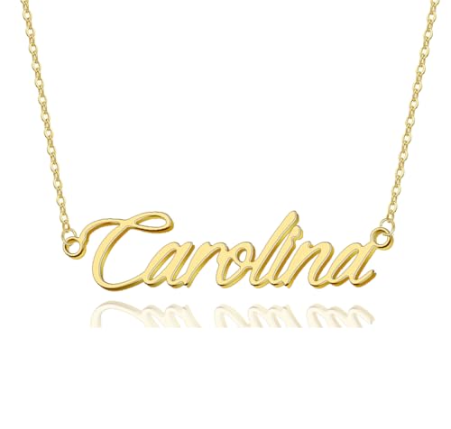 AOLO Carolina Name Necklace for Women 18k Gold Plated Stainless Steel - Personalized Nameplate Jewelry Birthday Gift for Mom Adjustable Chain 16-18 Inch