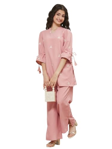 Image of Girls Floral Embroidered Kurta and Palazzo Pants Co-ord Set with V Neck Elegant Traditional Outfit for Festive and Functions
