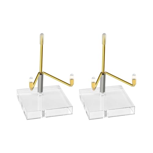 Mini Easel Stand Acrylic Display Stand with Adjustable Gold Metal Arms - Small Clear Easel for Crystals, Geodes, Rocks, Minerals, Shells, Plate Holder, Stable Solid Base, 2x2x3 Inch (2 Pack)