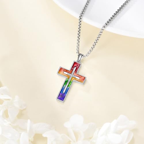 Pride Cross Necklace Sterling Silver 925 Rainbow Cross Necklace Lesbian Gay Pendant Necklaces Lgbt Colorful Jewelry Pride Month Gifts For Women Men Unisex2