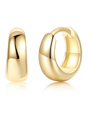 Silvora 14K Gold Plated Huggie Hoop Earrings for Women Tiny Chunky Hoops with 925 Sterling Silver Post Lightweight Gold Earrings 8mm