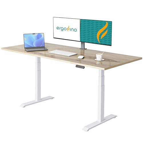 Ergofino höhenverstellbarer Schreibtisch 200x100 cm, elektrisch Schreibtisch mit GS-Zertifiziert, 2 Motoren, 3-Fach Teleskop, 3 Memoryfunktion, Gestell Weiß inkl. Asteiche Tischplatte