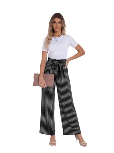 PrinStory Damskie spodnie z szerokimi nogawkami, lekka, elastyczna talia, letnie spodnie z kieszeniami, czarny Streifen, L