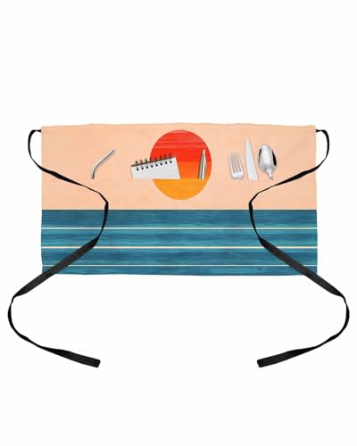 PIEPLE Orange Blue Stripe Server Apron Waitress Aprons with 3 Pockets, Watercolor Clean-lined Abstract Half Waist Waiter Aprons Restaurant Chef Aprons for Women Men