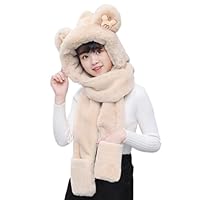 Kids Cartoon 3 in 1 Hat Scarf Gloves Set Winter Warm Imitation Rabbit Fur Hoodie Hat Full Hood Cap Thicken Thermal Beanie Hat Scarves Neck Warmer Xmas Gifts for Boys and Girls 5-12 Years
