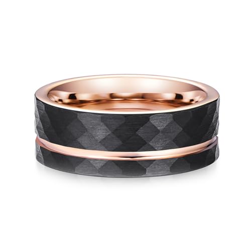 Bague tungstène or rose noir KnSam motif losange brossé, anneau rainuré 8mm pour homme et femme