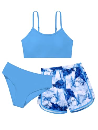 Image of Girls Swimsuit 3 Piece Bathing Suit Printed Sport Bikini Set with Shorts Summer Beach Swimwear for Teen Girls 9-16T