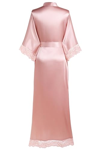 Image of BABEYOND Satin Kimono Robe Silky Long Bridesmaid Wedding Lightweight Bath Robe with Lace Trim