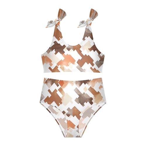 Brown Houndstooth Girls Two Piece Kids Bikini Set Quick-Dry Bathing Suit Swimming Suits Adjustable Shoulder Strap3