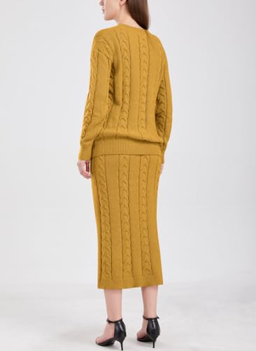 Image of chouyatou Women Winter Casual Chunky Cable Knit Long Pencil Skirt 2 Piece Outfit Oversized Pullover Sweater Sets