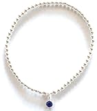Sterling Silver 925 Beaded Stretch Bracelet with sapphire/September Birthstone Bezel Charm