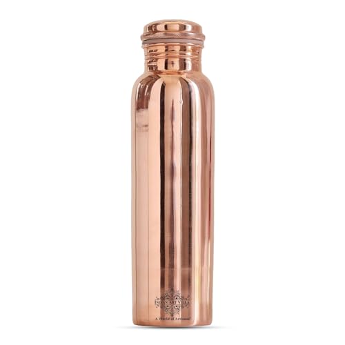 Indian Art Villa Copper Shine Finish Water Bottle – 900 ML, Pure Copper Bottle for Ayurvedic Health Benefits, Drinkware, Stylish Design for Daily Use, Yoga, Travel, Office, and Gifting