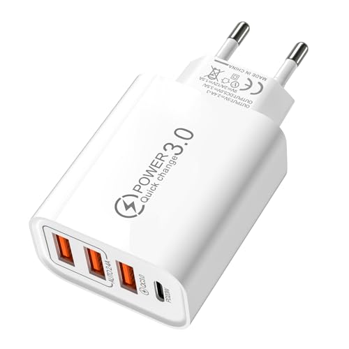 EuAcesry Chargeur Multiple 4 Ports, Adaptateur Secteur USB QC3.0 Type C, Chargeur Rapide pour Téléphones Portables