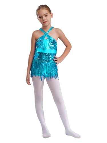 JEATHA Kids Girls Latin Dance Costume Shiny Sequins Tassel Leotard Sleeveless Cutout Fringed Dress Cha-Cha Dancewear Sky Blue 6 Years