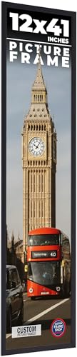 12x41 Frame Black Real Wood Picture Frame Width 0.75 Inches | Interior Frame Depth 0.5 Inches | Noir Classique Mid Century Photo Frame Complete with UV Acrylic, Foam Board Backing & Hanging Hardware