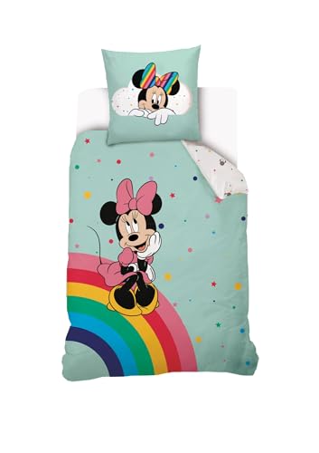 Housse de Couette Minnie Arc-en-Ciel 140x200 cm + 1 Taie d'oreiller 63x63 cm - 100% Coton - Vert d'eau