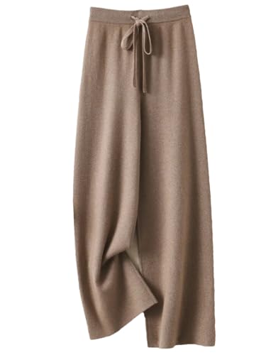 Womens Knit Lounge Wide Leg Pants Solid Soft Casual Merino Wool Drawstring Elastic Wide Leg Pant Brown Gray XXL
