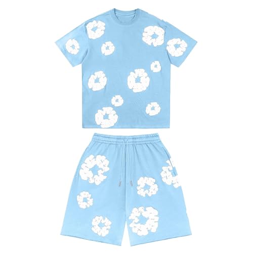 Ensemble 2 Pièces Homme T-Shirt et Short d'Été, Imprimé Fleuri Y2K Hip Hop Streetwear, Ensemble Jogging Décontracté avec Poches pour Sport et Loisir