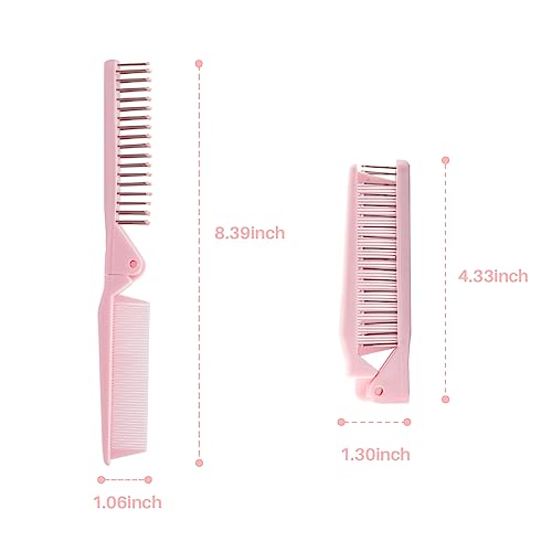RHOS 2-Pieces Mini Folding Combs for Purse and Travel, Double Headed Small Combs and Brush Set for Women,Girls (Pink & Purple)